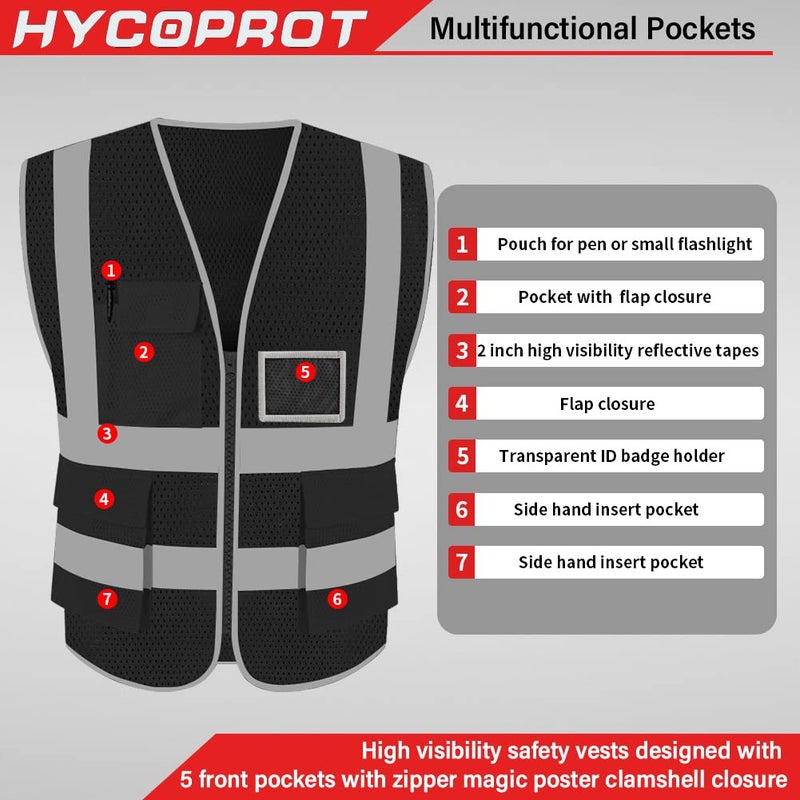 HYCOPROT سترة أمان عاكسة شبكية عالية الوضوح HYCOPROT مع جيوب وسحاب، تفي بمعايير ANSI/ISEA - Image 2